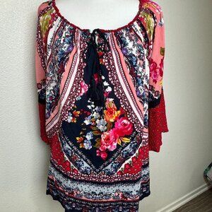Bila Multicolored Mixed Print Boho Bell Sleeves Tassel Top Blouse
